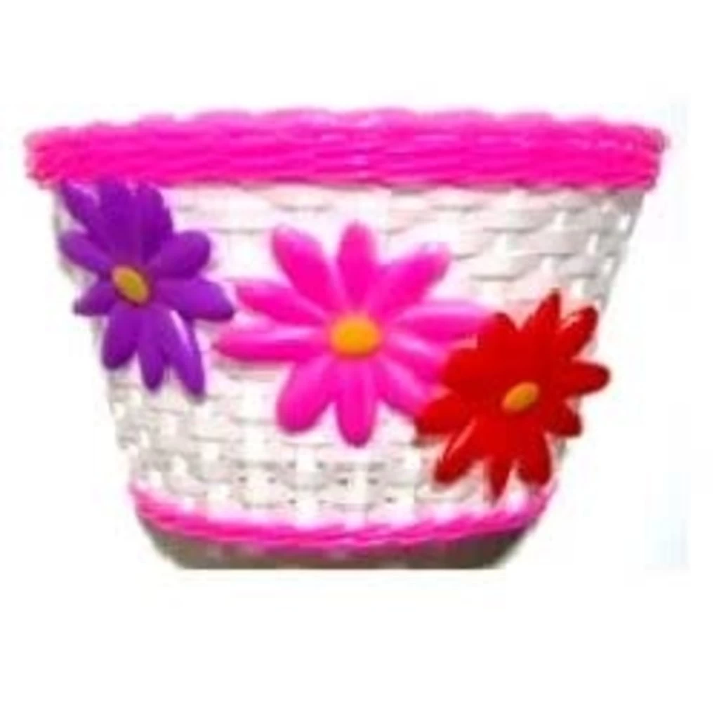Basket - Front, Kids, White With Pink Strip & Large Flowers 1 Basket - Front, Kids, White With Pink Strip & Large Flowers